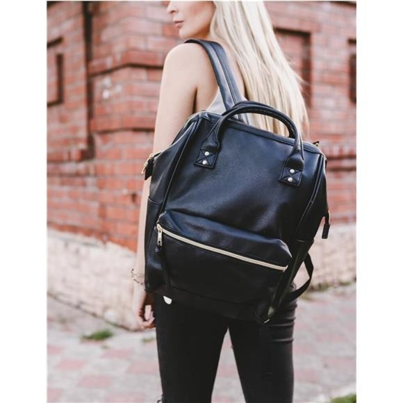 Faux-Leather Backpack Diaper Bag with Laptop Compartment Travel School